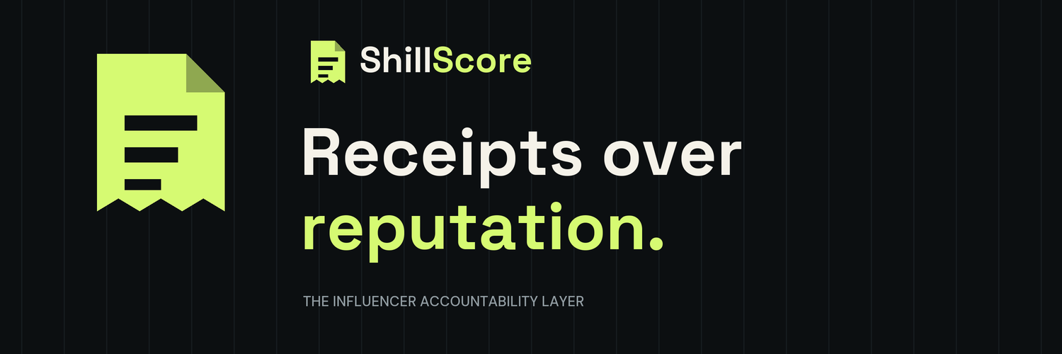 ShillScore X banner with receipt logo and Receipts over reputation headline